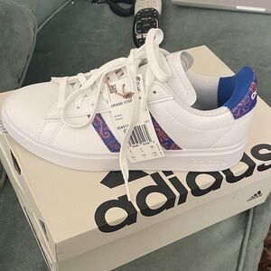 Farm Rio Adidas White Sneakers with Blue and Purple Accents